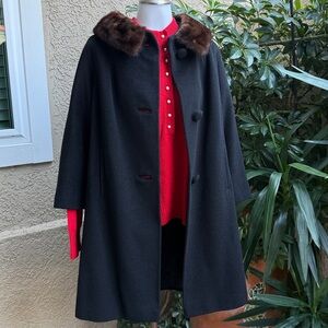 Vintage black cashmere blend coat with dark brown mink collar